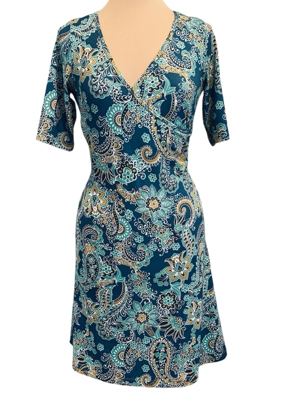 Prana faux wrap active dress short sleeved teal gold blue paisley small
